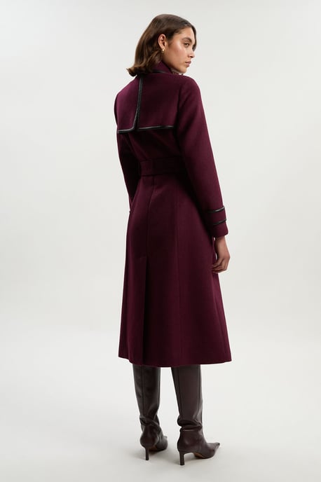 Brushed Wool Pu Mix Gold Trim Belted Midi Coat - Image 6