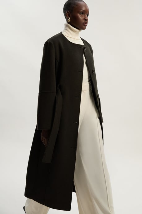 Brushed Wool Single Breasted Belted Tailored Maxi Coat - Image 2