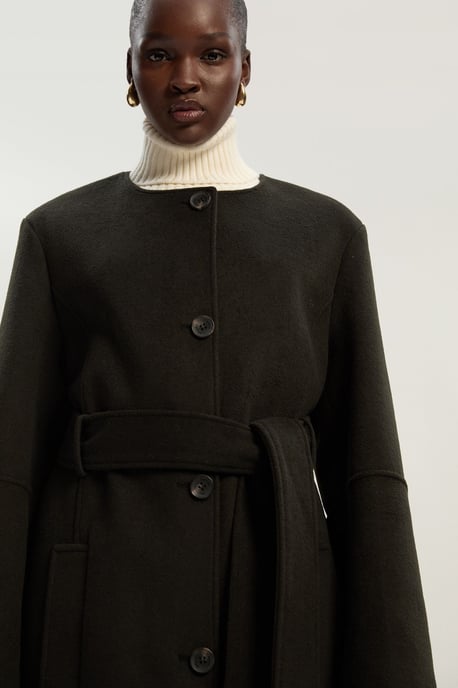 Brushed Wool Single Breasted Belted Tailored Maxi Coat - Image 3