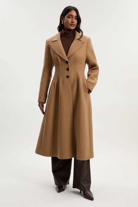 Wool Corset Detail Full Skirted Tailored Maxi Coat - Image 4