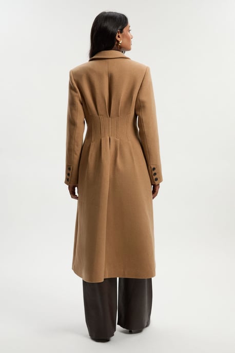 Wool Corset Detail Full Skirted Tailored Maxi Coat - Image 6