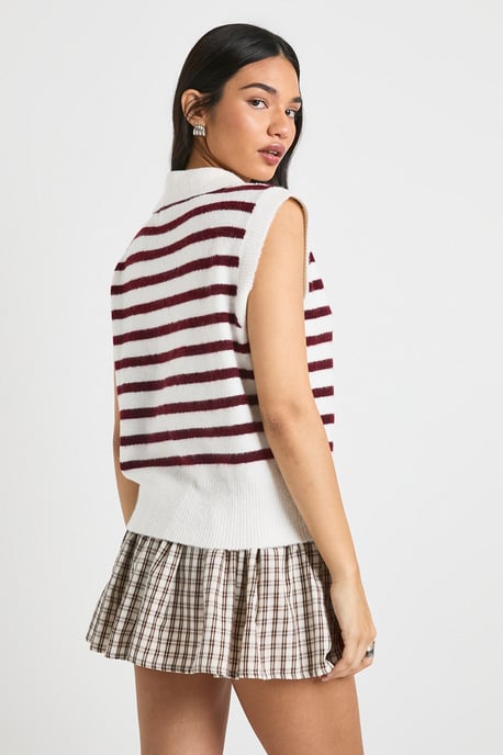 Collared V Neck Knitted Stripe Vest - Image 2
