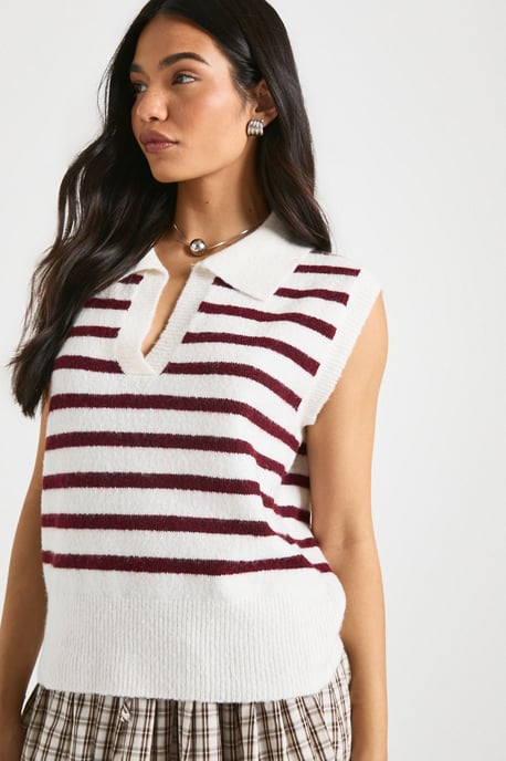 Collared V Neck Knitted Stripe Vest - Image 4