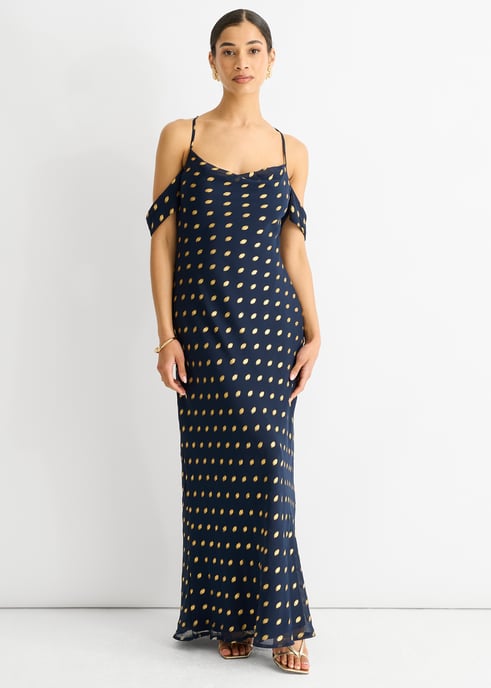 Navy Cowl Neck Drop Sleeves Foil Maxi Dress - Image 1