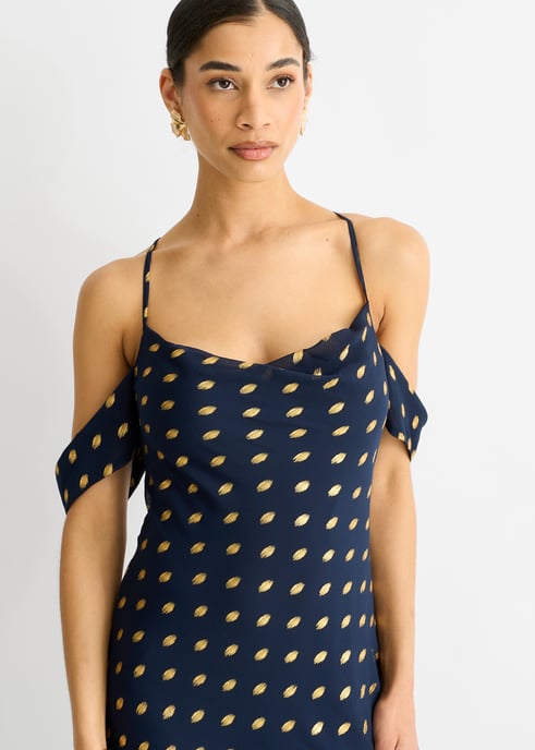 Navy Cowl Neck Drop Sleeves Foil Maxi Dress - Image 2