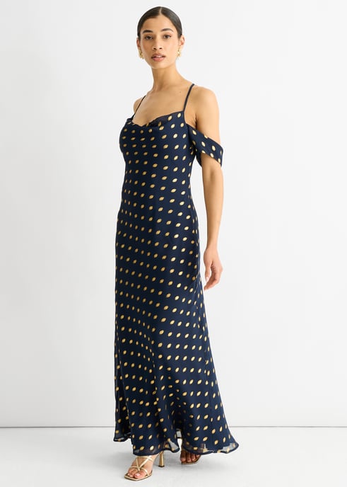Navy Cowl Neck Drop Sleeves Foil Maxi Dress - Image 3