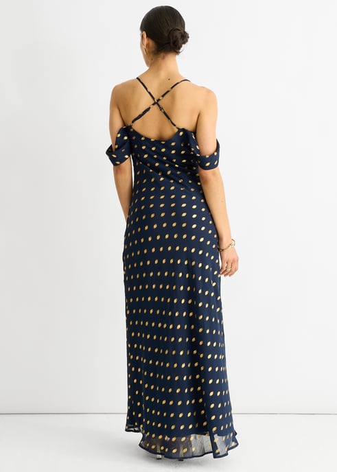 Navy Cowl Neck Drop Sleeves Foil Maxi Dress - Image 4