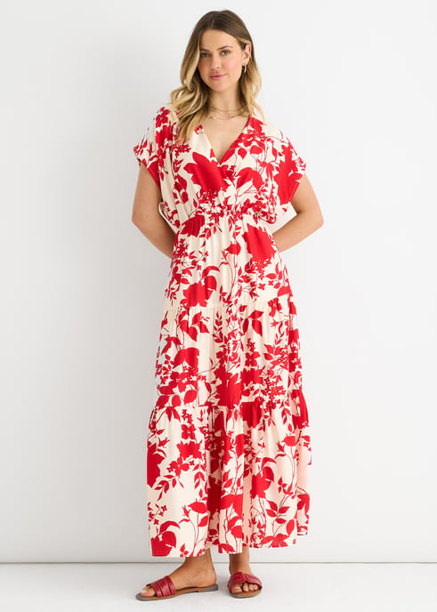Rode maxi-jurk met bloemenprint en elastische tailleband - Image 1