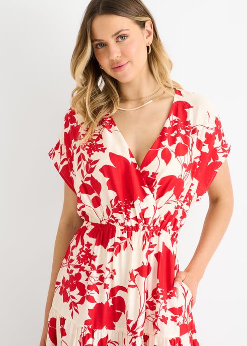 Rode maxi-jurk met bloemenprint en elastische tailleband - Image 2