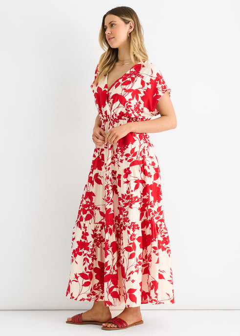 Rode maxi-jurk met bloemenprint en elastische tailleband - Image 3