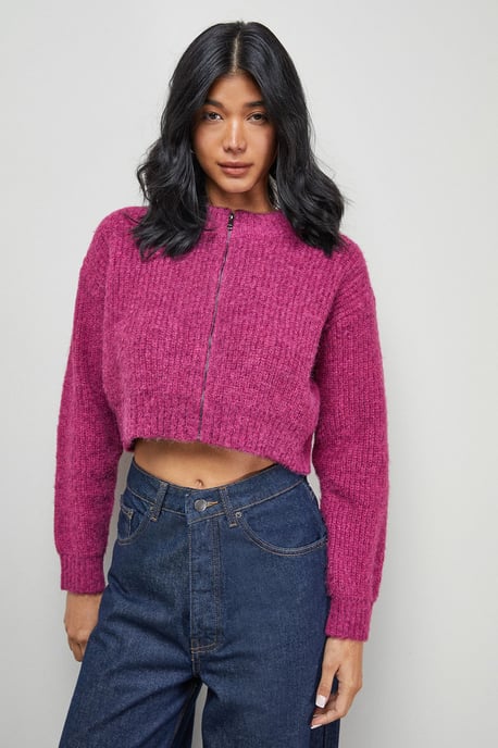 Zip Up Rib Crew Cardigan - Image 1