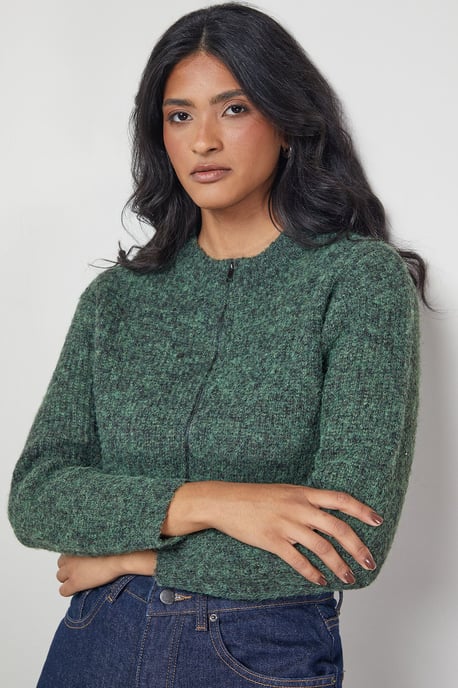 Zip Up Rib Crew Cardigan - Image 1
