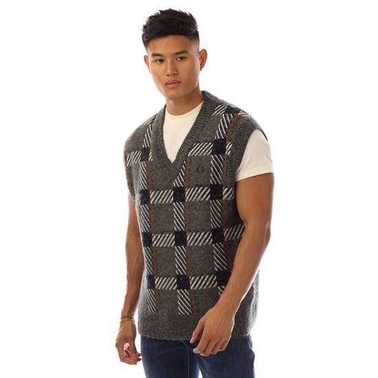Heren Fred Perry Glitch Tartan gebreide tanktop in grijs - Image 1