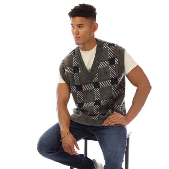 Heren Fred Perry Glitch Tartan gebreide tanktop in grijs - Image 4