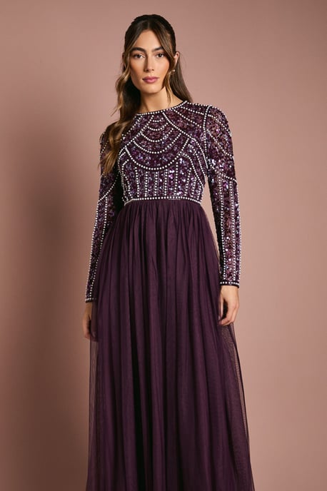 Coast Honoured Long Sleeve Sequin Bodice Tulle Skirt Maxi Bridesmaid Dress