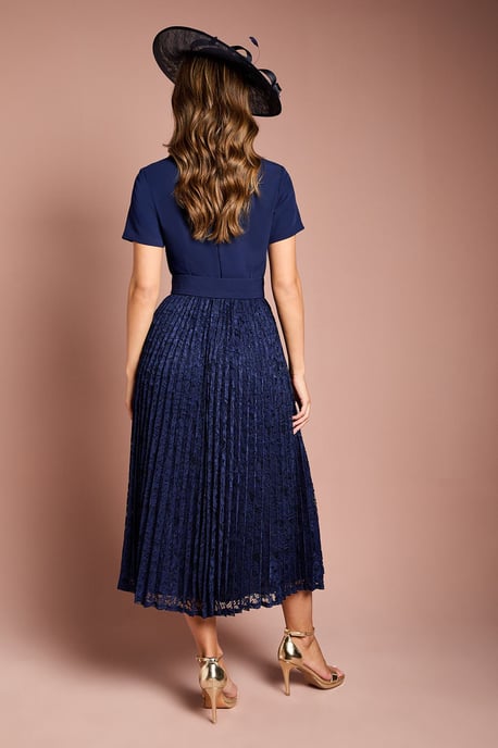 Short Sleeve Crepe Midi Dress With Lace Pleated Skirt - Image 4