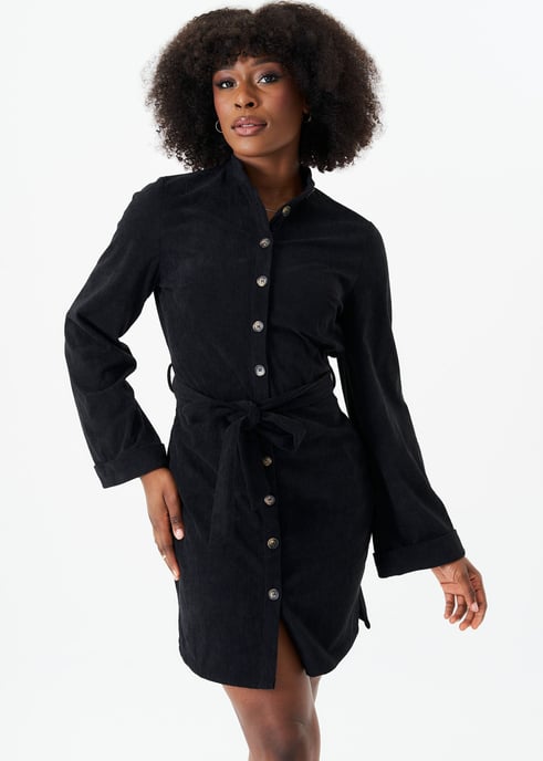 Black Button Front Belted Corduroy Shirt Dress - Image 1