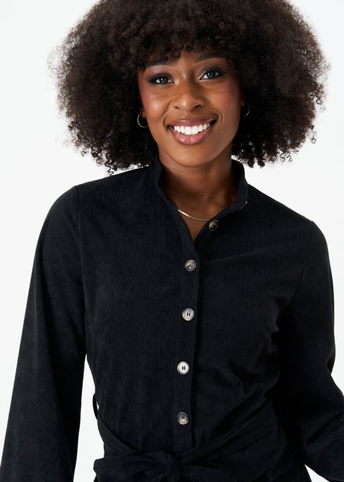 Black Button Front Belted Corduroy Shirt Dress - Image 2