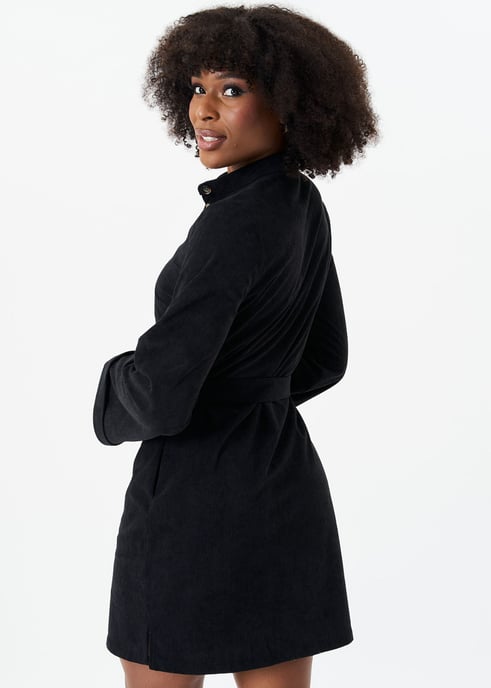 Black Button Front Belted Corduroy Shirt Dress - Image 4