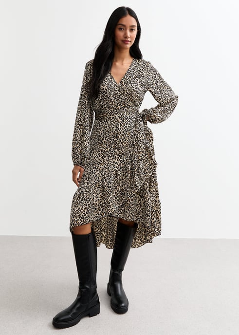 Beige Animal Ruffle Mini Wrap Dress - Image 1