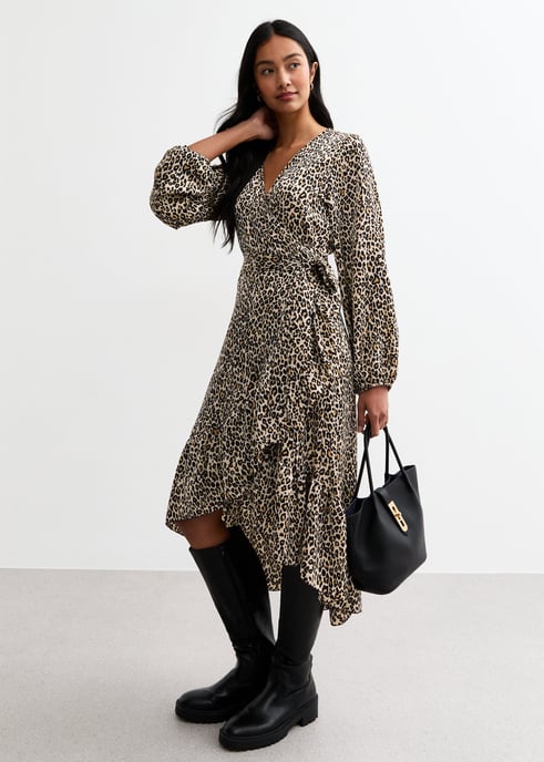 Beige Animal Ruffle Mini Wrap Dress - Image 3