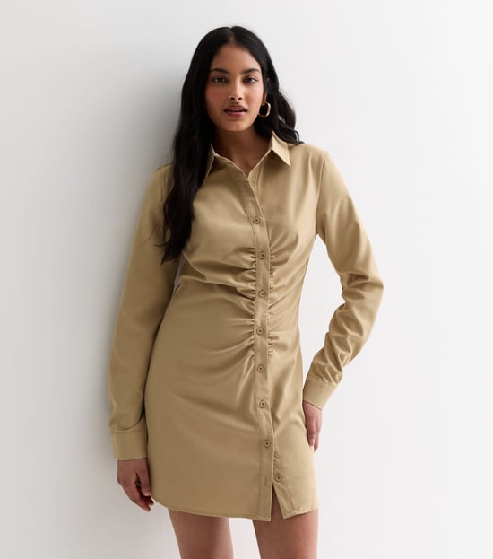Stone Ruched Asymmetric Button Through Shirt Dress - Image 1