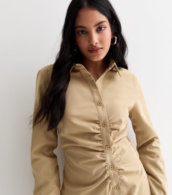 Stone Ruched Asymmetric Button Through Shirt Dress - Image 2