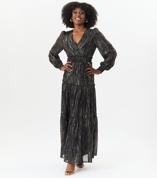 Black Lurex Chiffon Occassion Tiered Maxi Dres - Image 1