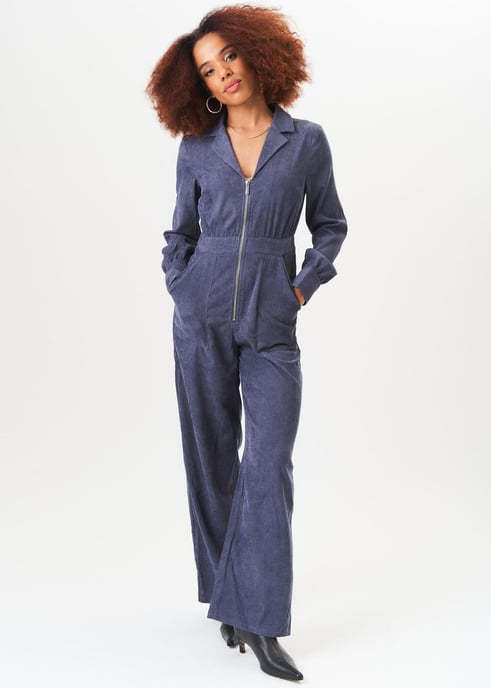 Blue Long Sleeves Zip Front Cord Jumpsuit - Image 1