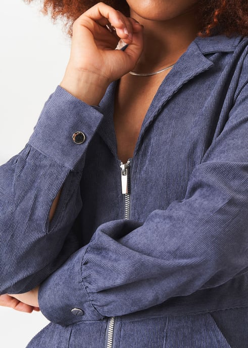 Blue Long Sleeves Zip Front Cord Jumpsuit - Image 2