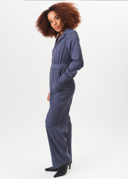 Blue Long Sleeves Zip Front Cord Jumpsuit - Image 3