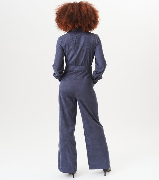 Blue Long Sleeves Zip Front Cord Jumpsuit - Image 4