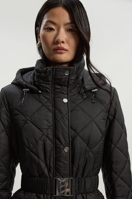 Diamond Quilted Belted Short Padded Coat - Image 2