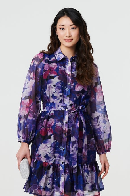 Blue Floral Tie Waist Mini Shirt Dress - Image 1