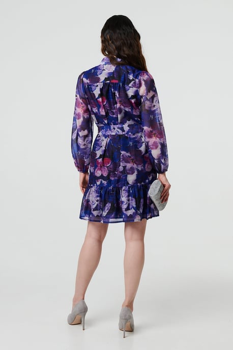 Blue Floral Tie Waist Mini Shirt Dress - Image 3