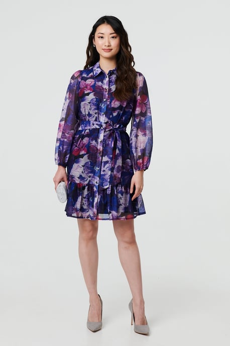 Blue Floral Tie Waist Mini Shirt Dress - Image 4