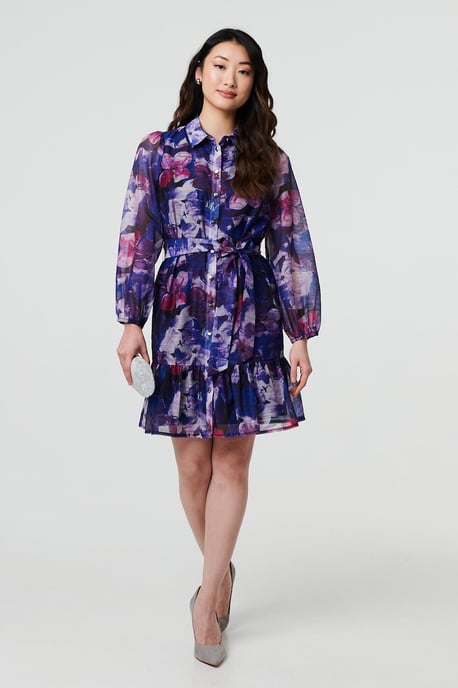 Blue Floral Tie Waist Mini Shirt Dress - Image 5