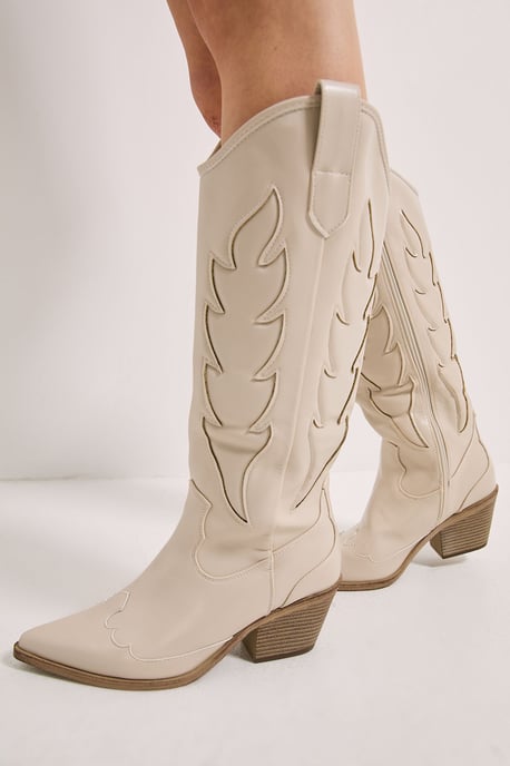 Issy Faux Leather Detailed Western Cowboy Calf Boots - Image 1