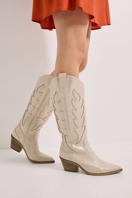 Issy Faux Leather Detailed Western Cowboy Calf Boots - Image 2