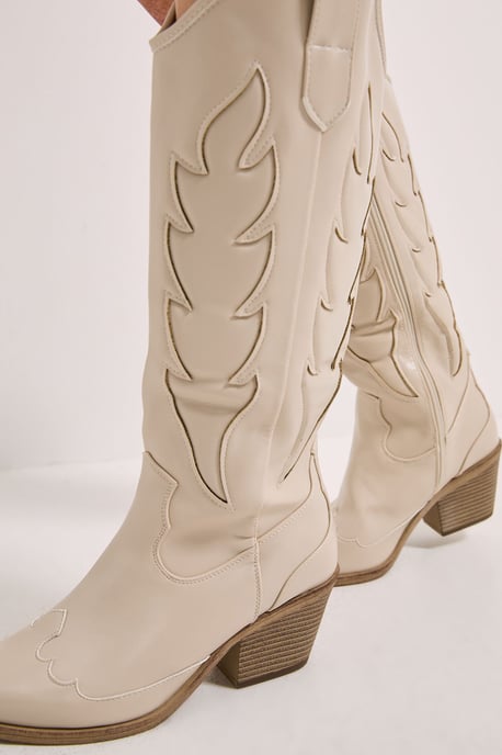 Issy Faux Leather Detailed Western Cowboy Calf Boots - Image 4