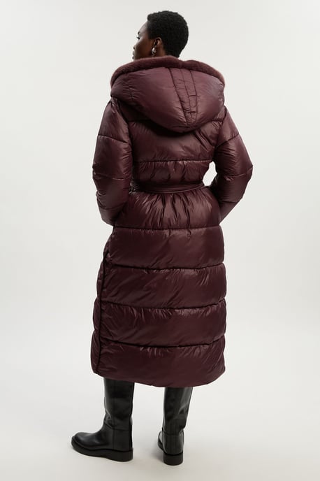 Premium Faux Fur Lined Padded Hooded Belted Midi Coat - Image 5
