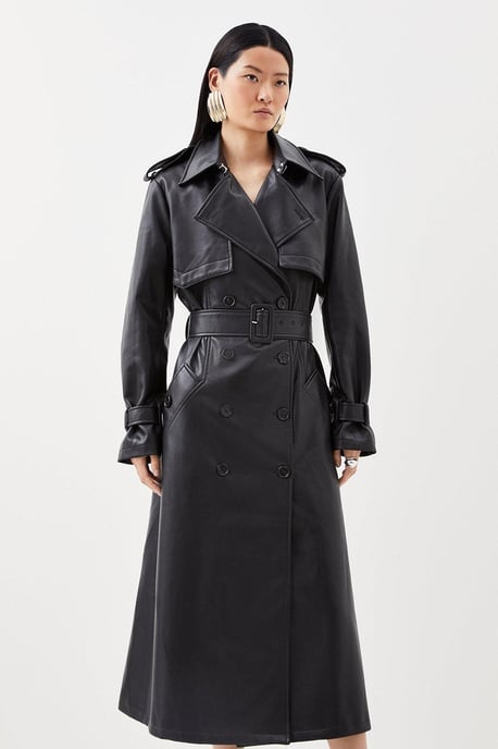 Tailored Faux Leather Belted Trench Coat - Image 2