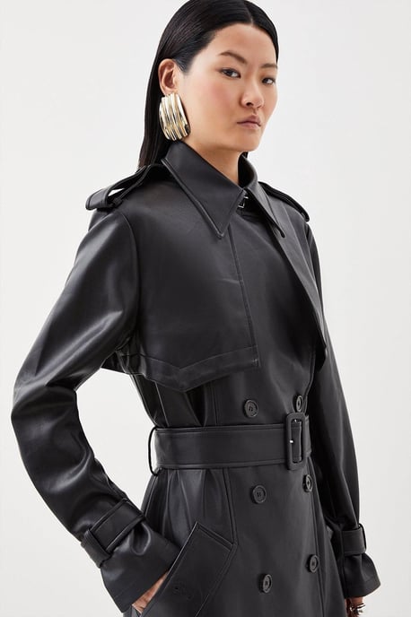 Tailored Faux Leather Belted Trench Coat - Image 3