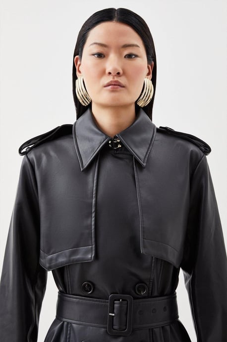 Tailored Faux Leather Belted Trench Coat - Image 5