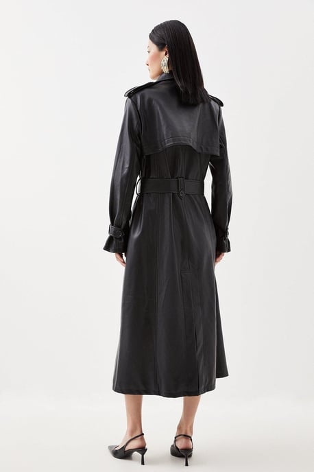 Tailored Faux Leather Belted Trench Coat - Image 6