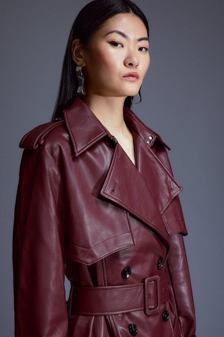 Tailored Faux Leather Belted Trench Coat - Image 2