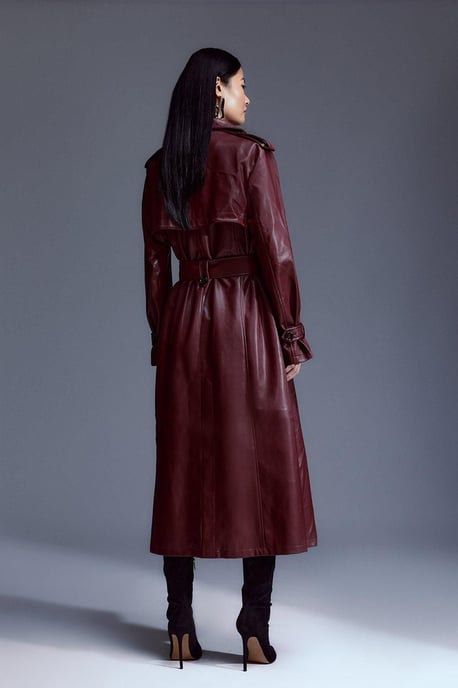 Tailored Faux Leather Belted Trench Coat - Image 5