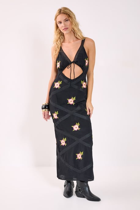 Embroidered Lace Trim Cut Out Maxi Dress - Image 1