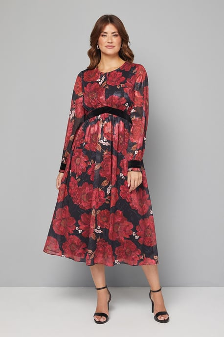 Floral Contrast Velvet Midi Dress - Image 1