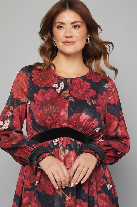 Floral Contrast Velvet Midi Dress - Image 3